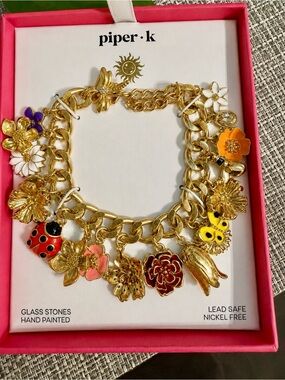 Piper K 🌸🌺Flower Ladybug Butterfly Gold Charm 🐞Bracelet Gems NIB
